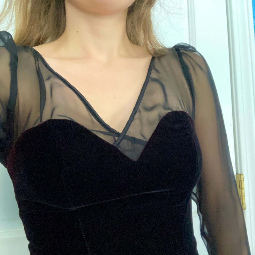 Black velvet, sheer-sleeved formal dress.